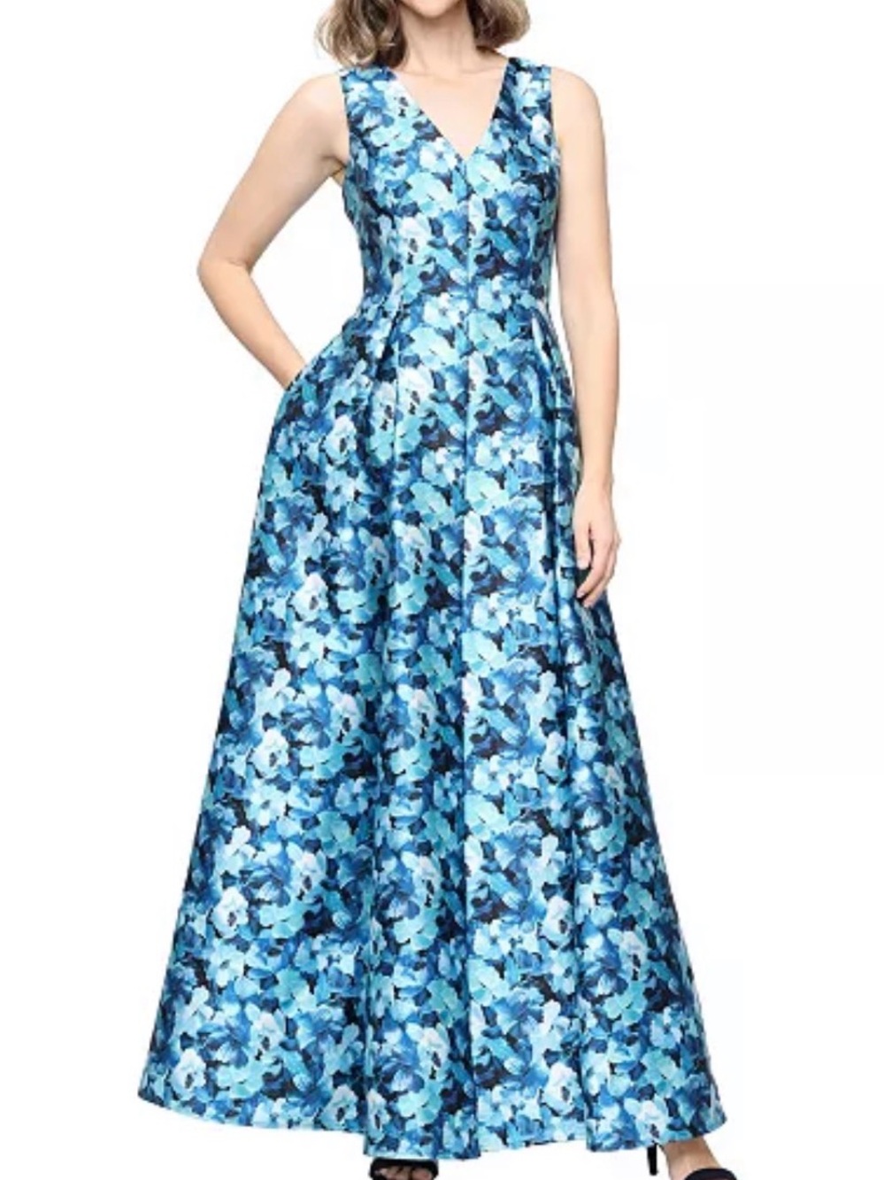Alex Evenings Blue Floral V-Neck Maxi Dress